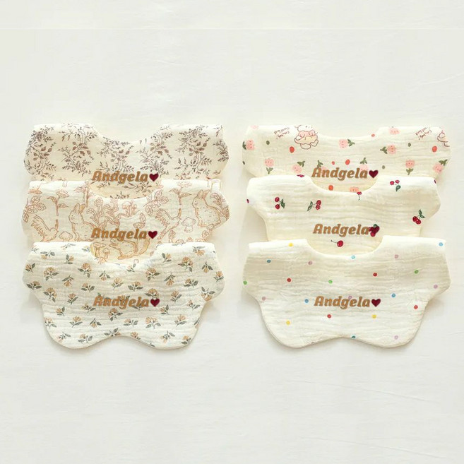 (6개/1set) 엘린베베 이름 자수 고급 여아 면 거즈 턱받이 유아 신생아 아기 침받이