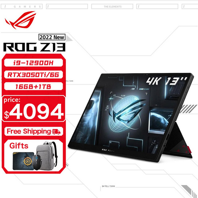 ASUS ROG FLOW 화면 16G 인치 12900H RTX3050TI 인텔 13 컴퓨터 RAM SSD 4GB 게임용 스포츠 코어 1T 노트북 Z13 I9 4K, GZ301ZE12900 4K, 1개