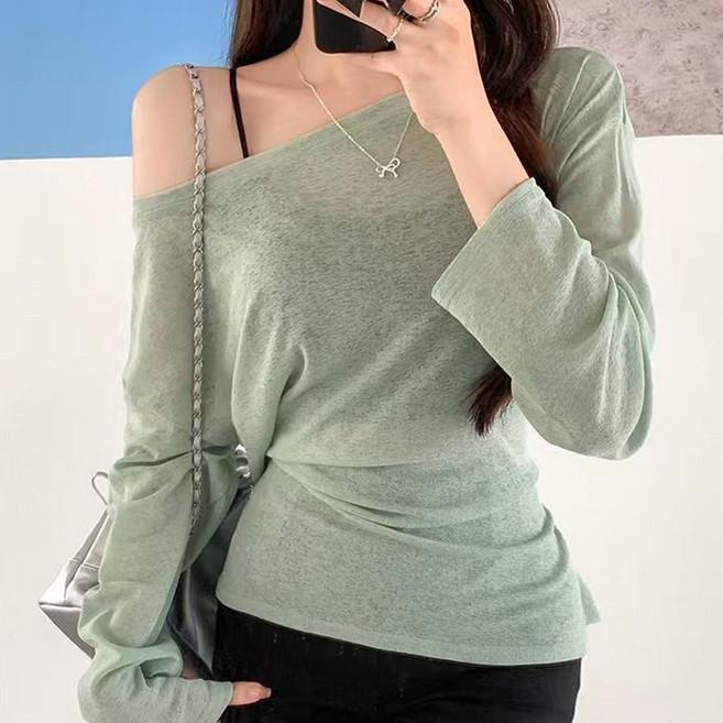 cammello 리본 테일 포인트 언발란스 넥 시스루 긴팔 티셔츠 자외선차단 티