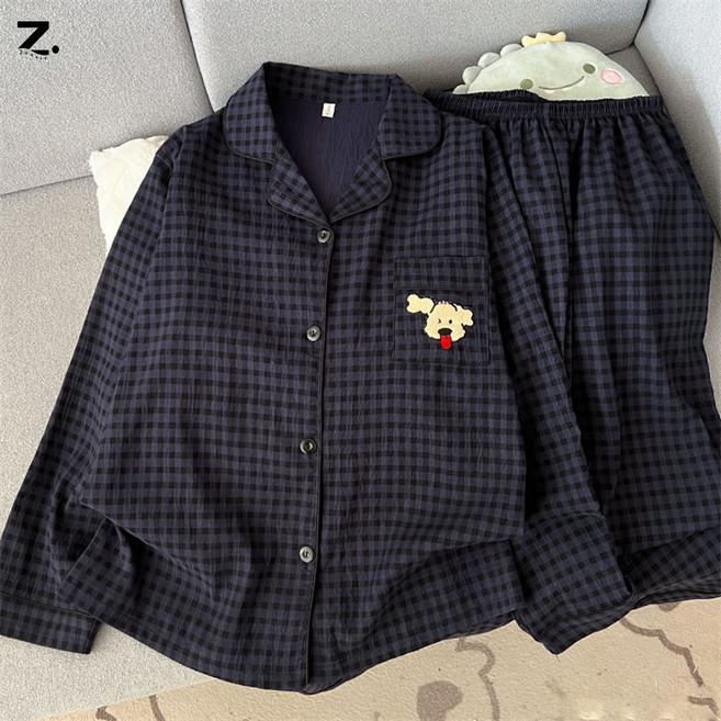 Zoovit 여성 캐릭터 체크 잠옷 면 홈웨어 세트