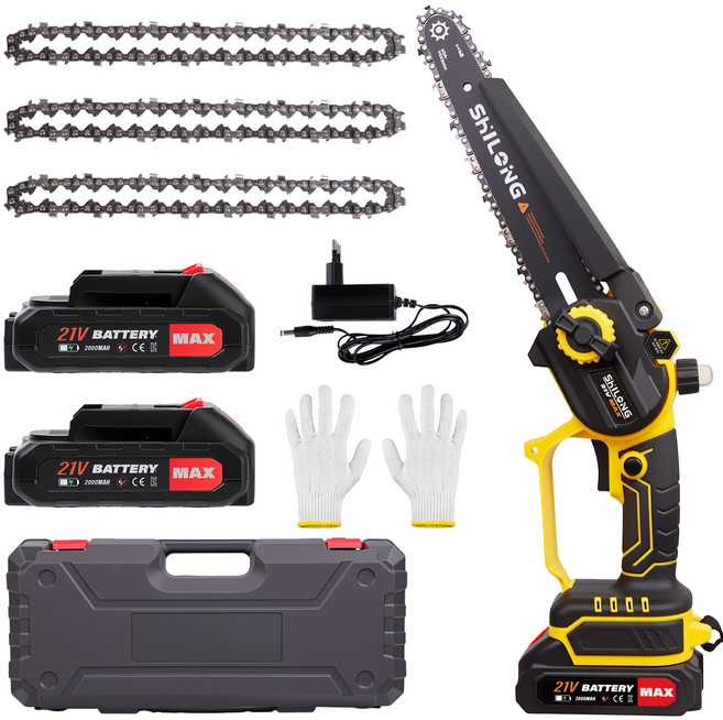 SHILONG 무선 체인톱 충전식 가정용 미니 소형 나무 가지치기 전기톱, 1개, 본품 + 배터리2개이상