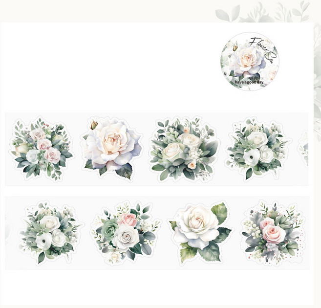 올리브파티 꽃의바다 시리즈 빈티지 감성 다꾸 방수 롤스티커 디자인 마테 세트, 1롤, 화이트