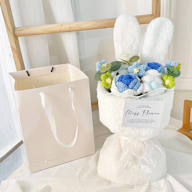 허니잼 토끼 뜨개 인형 꽃다발 졸업식 발표회 꽃다발 예쁜 인형 꽃다발 선물용, 블루, 1개, 블루