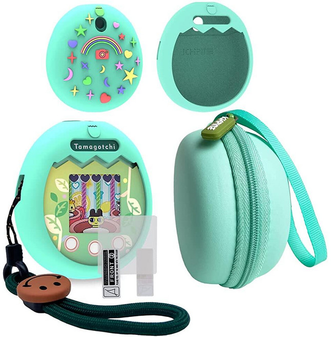 JCHPINE Tamagotchi Pix 인터랙티브 가상 애완 동물 게임 기계와 호환되는 하드 휴대용 케이스 및 실리콘 커버 다마고치 픽스 액세서리용 스크린 필름 프로텍터(퍼, 초록색