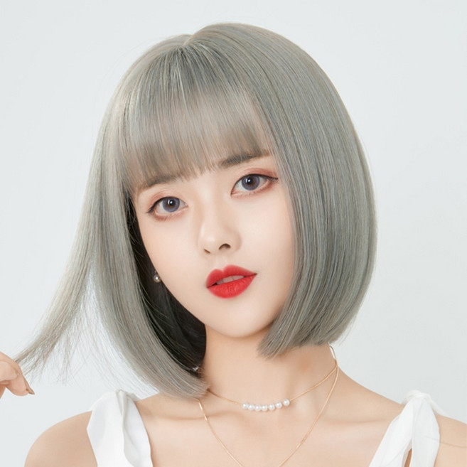 미즈코스 앞머리 단발 통가발 보브컷 여자 스타일 풀뱅 머리 커트, 그레이, 1개