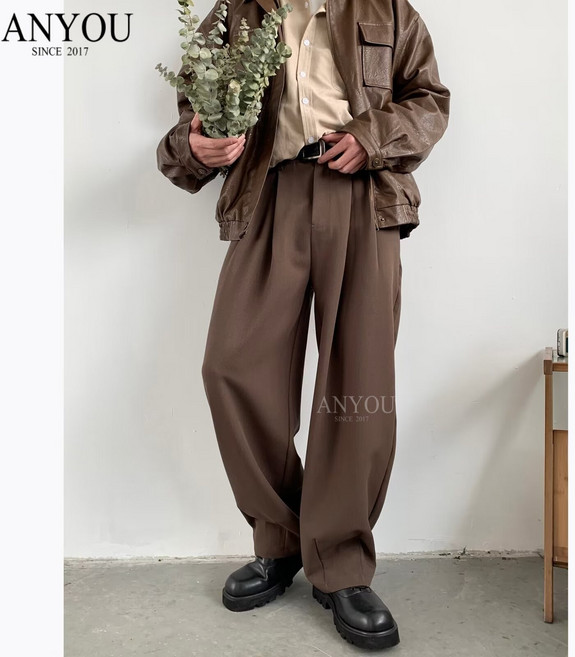 ANYOU 남성 와이드 슬랙스 투턱 와이드핏 정장 바지 봄가을 루즈핏 스트레이트 캐주얼 팬츠