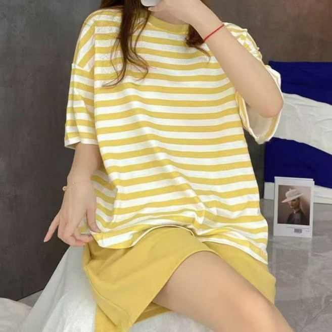 女士條紋長袖長褲睡衣 帶胸墊家居服兩件套裝