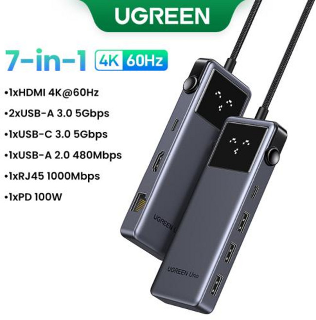 UGREEN Uno USB C 허브 노트북용 분배기 어댑터 맥북 프로 에어 USB 확장기 도킹 스테이션 6 인 1 4K60Hz PD100W 10Gbps USB3.2, 3)7-in-1 HDMI RJ45, 1개