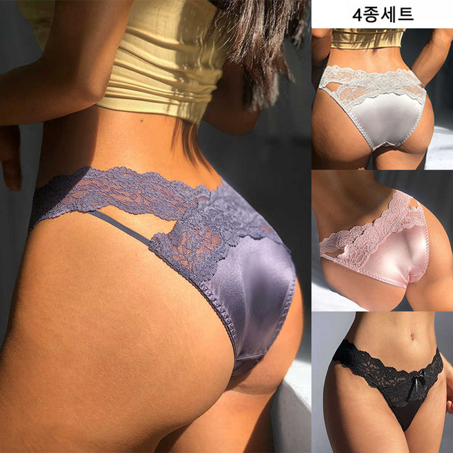 Sunsdew 얇은 헴라인 힙스터 섹시 레이스 리본 여성 팬티 4종세트