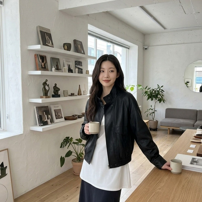여성 양가죽 자켓 하이넥 레더 숏점퍼 블루종 가죽 아우터