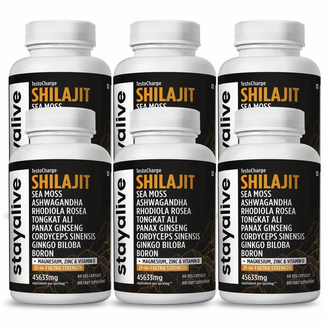 Stayalive 실라짓 캡슐 - 21in1 보충제 - 씨모스 아쉬와간다 로디올라 로사 마그네슘 아연 비타민 D3 및 붕소 포함 - 천연 면역 및 전반적인 웰빙 지원, 6개, 60정 - 쿠팡