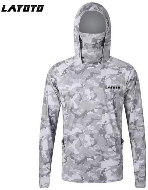 LAYOTO 釣魚防曬衣 透氣速乾迷彩連帽, 灰色
