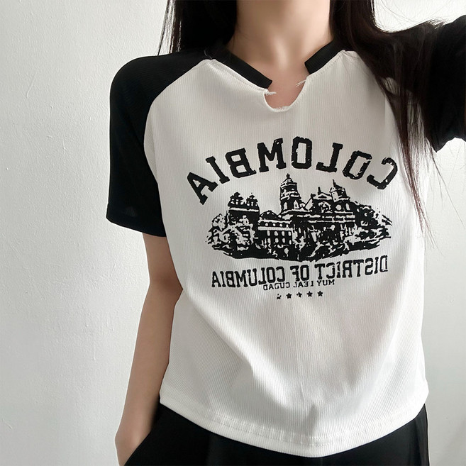 데이룸 여성 콜롬비아 배색 반팔 티셔츠