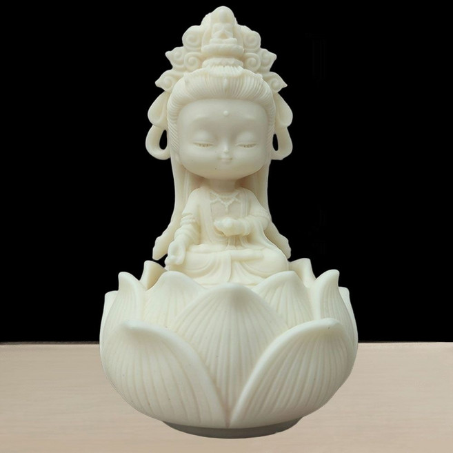 관음보살 불상 연꽃받침 세트 상아과 미니 관세음보살 부처님 조각상 불교 장식, 1세트, 상아색