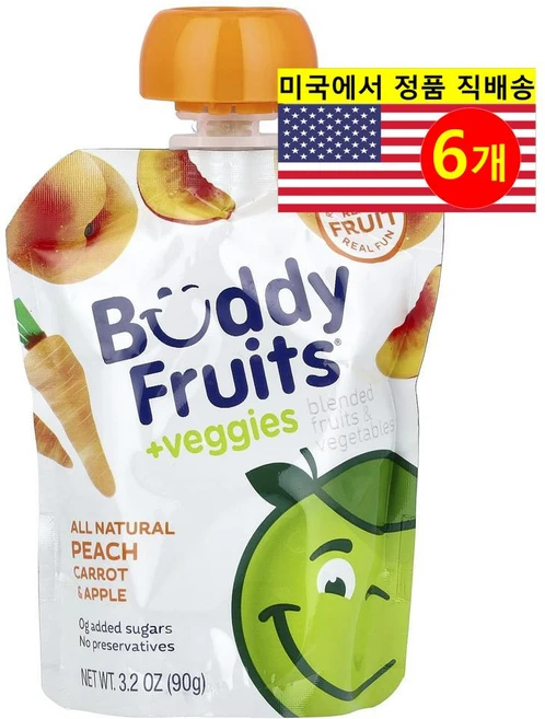Buddy Fruits 유아용 맛있고 영양이 풍부한 과일 야채 혼합 퓌레 이유식 파우치 90g 3개, 6개, 복숭아 당근 사과 - 쿠팡