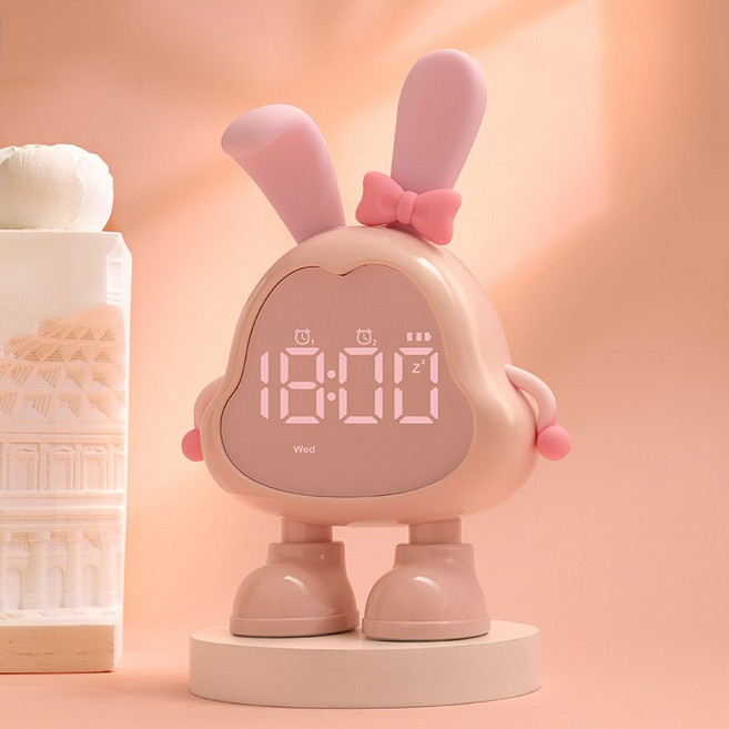 다기능 토끼 탁상 알람시계 무소음 LED 시계, 핑크