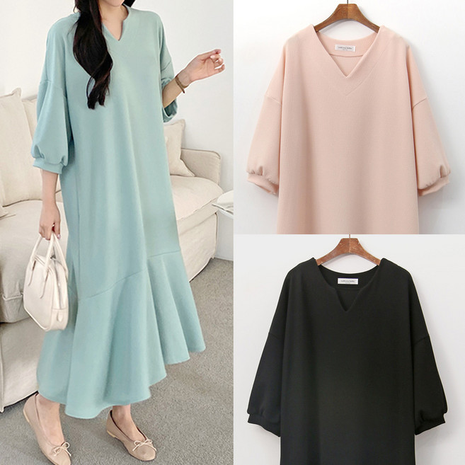 티탁 여성용 훌프릴 트임넥 7부 퍼프소매 원피스