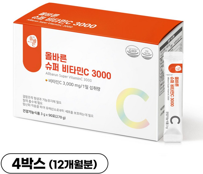 [쇼핑백증정]올바른 고함량 슈퍼 비타민C 3000 100% 식약처인증 대용량, 4박스, 90회분