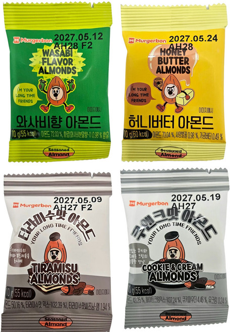 머거본 4종혼합아몬드 10그램 X (5+5+5+5)봉 소포장 견과간식 와사비+허니버터+티라미수+쿠앤크맛, 60개, 10g