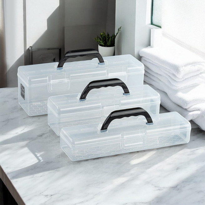 멀티 정리함 클리어 손잡이형 수납박스 미니 수납함 클리어수납함 미술 화구통 약통, 1개, 대형(35.5.*10.7*12)