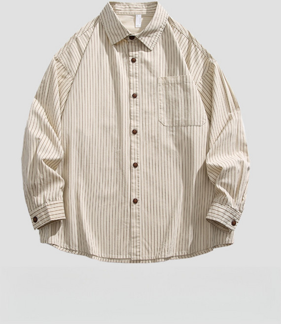 跨境2025春秋新款純棉水洗條紋襯衣 男款寬鬆休閒長袖襯衫廠家直