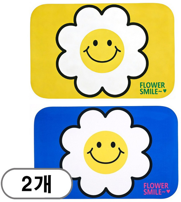 차쿠 2p 스마일 플라워 규조토 발매트 방수 빨아쓰는 발매트 2개, 옐로+블루