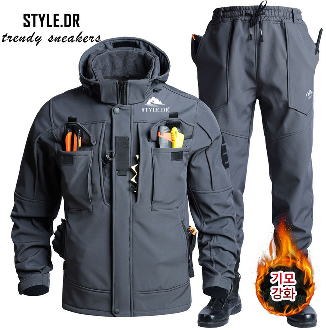 STYLE.DR 겨울 남자 방풍 방수 상하복세트 따듯한 아웃도 어낚시복 작업복 트레이닝 기모 방한복