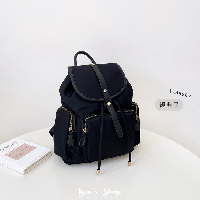 現貨磁扣尼龍多口袋防潑水後背包 大款可放A4 上班通勤/日常出遊必備 Yen's Shop, 經典黑
