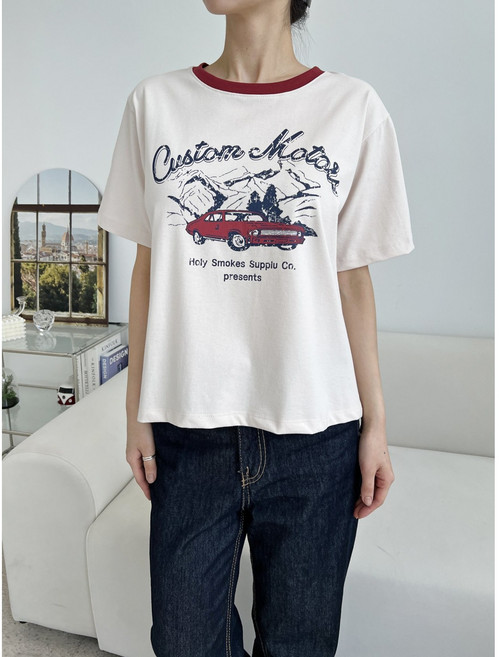 국내생산 여름 자동차 프린팅 반팔 미시 티셔츠