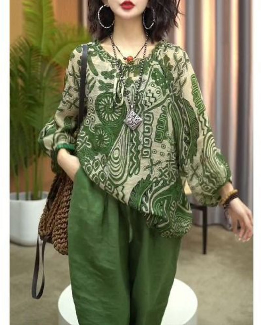 중년 여성 여름 캐주얼 세트 캐주얼 긴팔 셔츠 긴바지 투피스 에스닉 패턴 무늬 세트 YLP