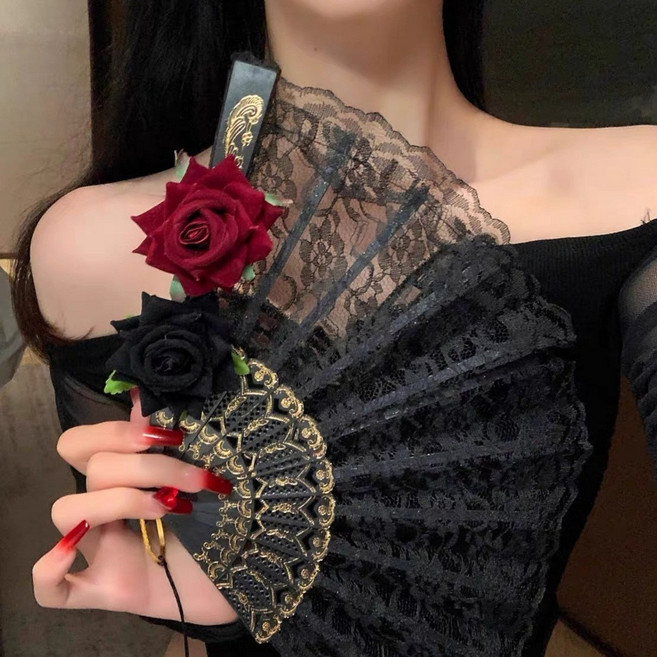 漢服旗袍扇子摺扇中國風黑色羽毛古風扇新中式舞蹈扇聖誕節裝飾品, 1個, XL1313【黑色玫瑰花】:如圖