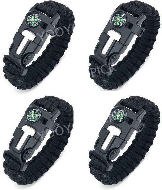 파라코드 생존 팔찌 나침반 파이어스타터 호루라기 캠핑 등산 서바이벌 장비 생존팔찌, 1개, 검은색 4개