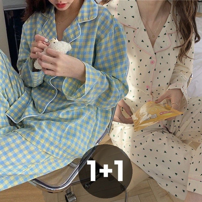 더그랜 여성 파자마 세트 주니어 긴팔 잠옷 홈웨어 상하복 하트 체크 2종세트