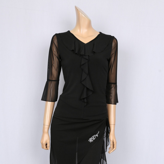 노브패리스 ALN1800브이 곱창 칠부 티셔츠 칠부 스판 밸리 뱃살커버 라인 차밍 라틴 웰빙 중년여성 여자 국산 빅사이즈 댄스복, 블랙