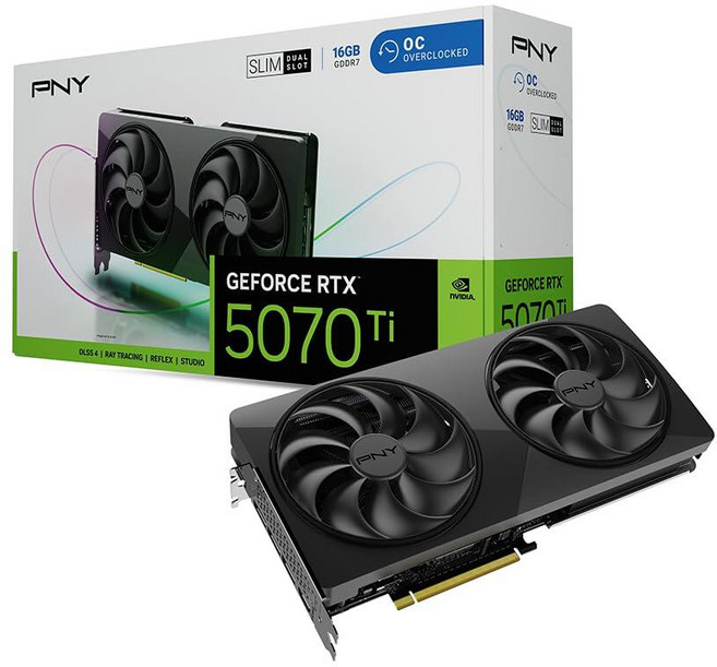 PNY NVIDIA GeForce RTX™ 5070 Ti 슬림 듀얼 팬 슬롯 OC 그래픽 카드 (16GB GDDR7 256비트 부스트 속도: 2572 MHz PCIe®, PNY NVIDIA GeForce RTX™ 5070 T