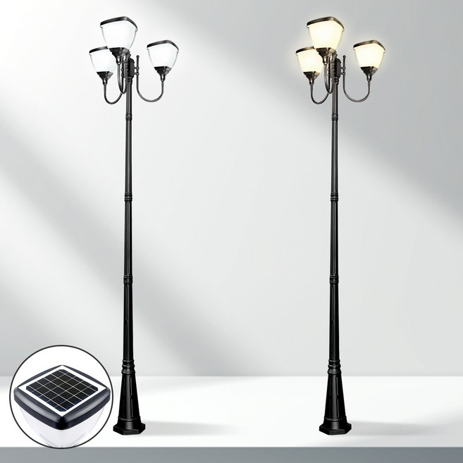 나눔조명 태양광 엔틱 가로등 태양열 조명 열주등 전원주택 마당 전등 LED 보안등 외등, 태양광 모던 스퀘어 [3등], 전체높이-3.2m(엔틱 기둥_2.9m), U자가지_흰빛