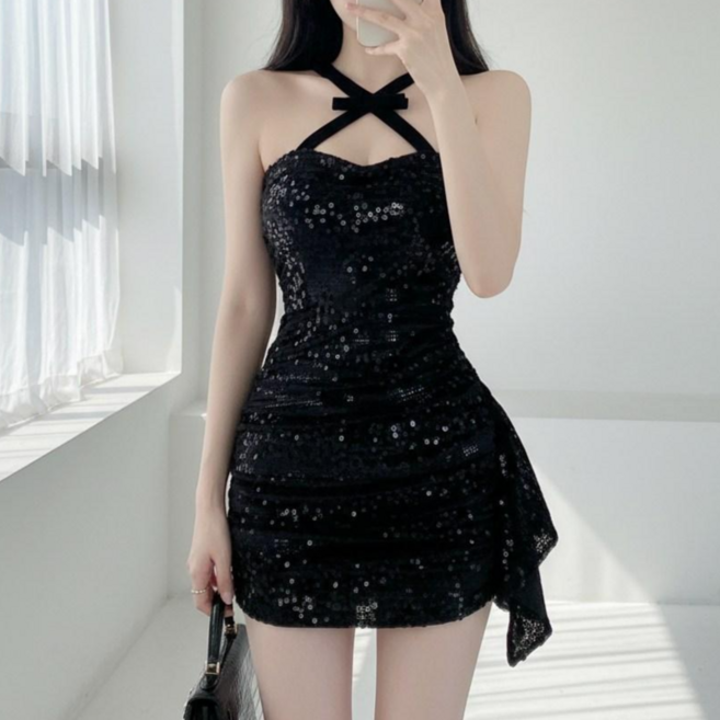 히또리 X3665 파티룩 스트랩 리본 포인트 스팽글 셔링 클럽 섹시 미니 원피스