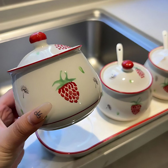 도자기 양념통 세트 예쁜 설탕통 조미료통 소금통 3종, 단일 일본풍 딸기 스푼 포함 300ml, 1개