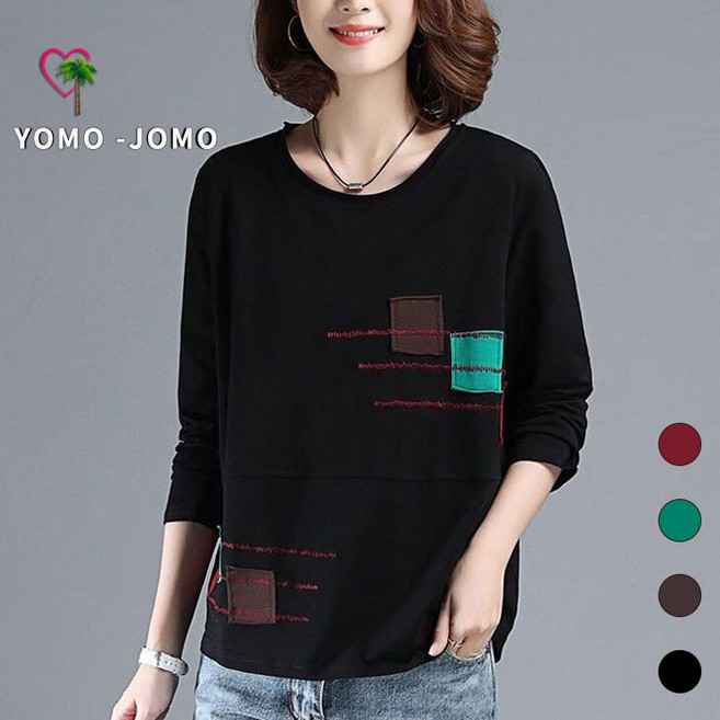 요모조모 573 여성 면 스판 라운드넥 패치 봄 가을 빅사이즈 긴팔 티셔츠