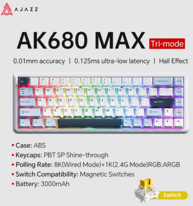 기계식키보드 게이밍 청축 적축 저소음 AJAZZ AK680 MAX 기계식 키보드 HE 홀 효과 스위치 60 8k1K RGB 유선무선 게임 빠른 트리거 마그네틱, 20)BLUE 8-1K-Tri-mode