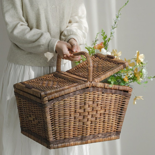 베이직 라탄 감성 피크닉 캠핑 뚜껑 손잡이 바구니 소풍 바스켓 (대형사이즈), 1개, 17*24