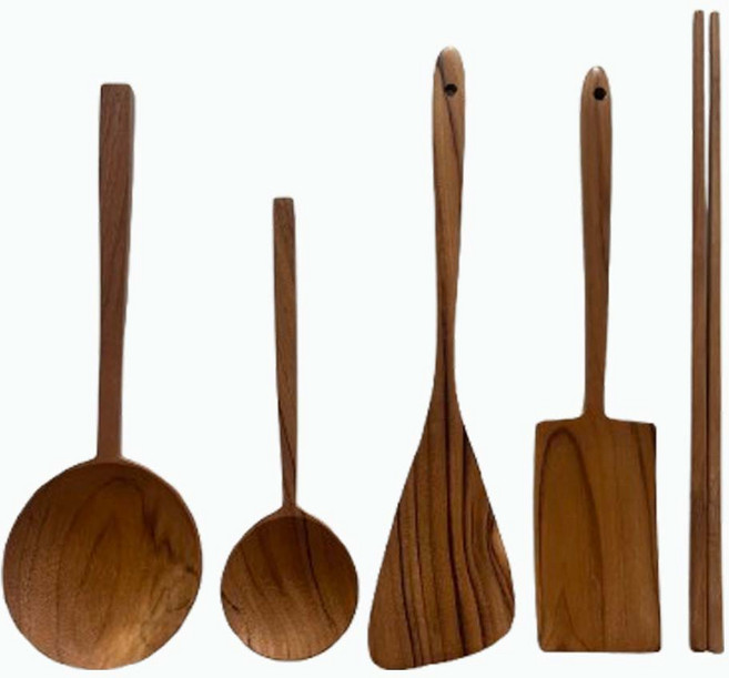 몽다름아 100% 아무것도 칠하지 않은 천연 티크우드 나무주걱 뒤집개 조리도구 스푼 5종세트 집들이선물, 1세트, 내츄럴, 주방조리도구 5종