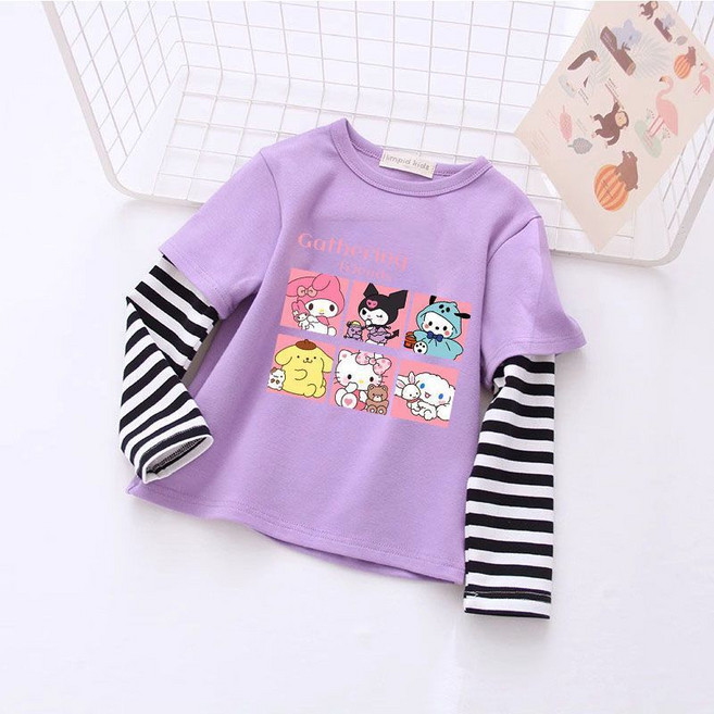 XCAO 산리오 여아 춘추계 페이크 투피스 패치 쿠로미 긴팔 티 상의 아동 시나모롤 레깅스 마린룩