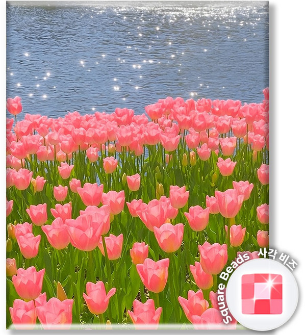 Diyee 사각 보석십자수 캔버스형 40x50cm, 1세트, 튤립과 윤슬