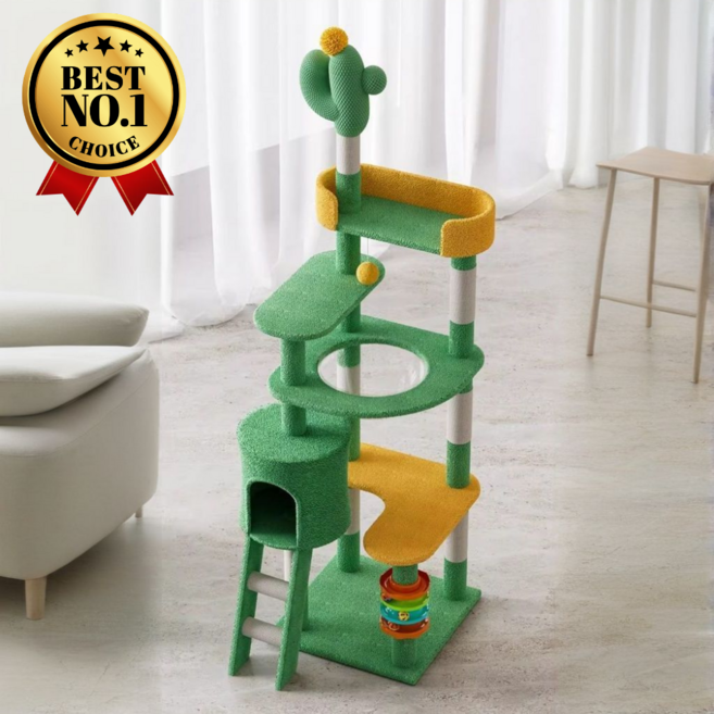 토리토(Torito) 프리미엄 초대형 캣타워 선인장 놀이터 캣홀 스크레쳐 그린옐로우 1개