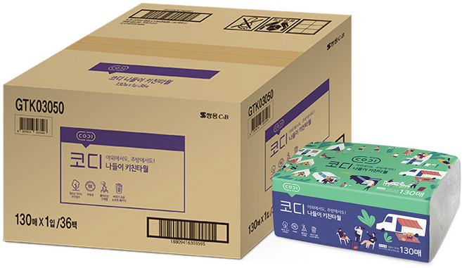 [코디] (내일도착) 나들이 키친타월 130매(소프트팩) 36팩(1BOX), 36개입, 1박스
