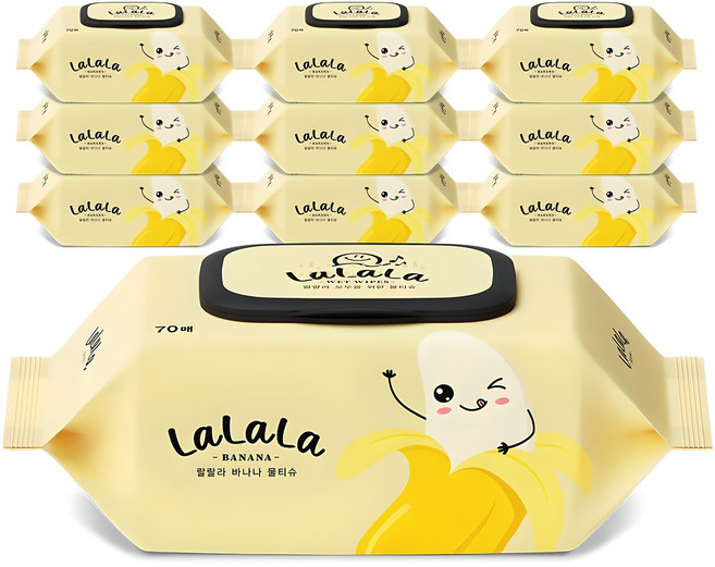 랄랄라 바나나 물티슈 캡형, 10개, 70매, 70g