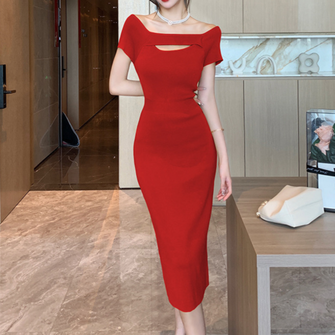 JQS 신축성 좋은 하객 니트 롱 원피스 1192 바디핏 파티룩 홀복 연말 원피스