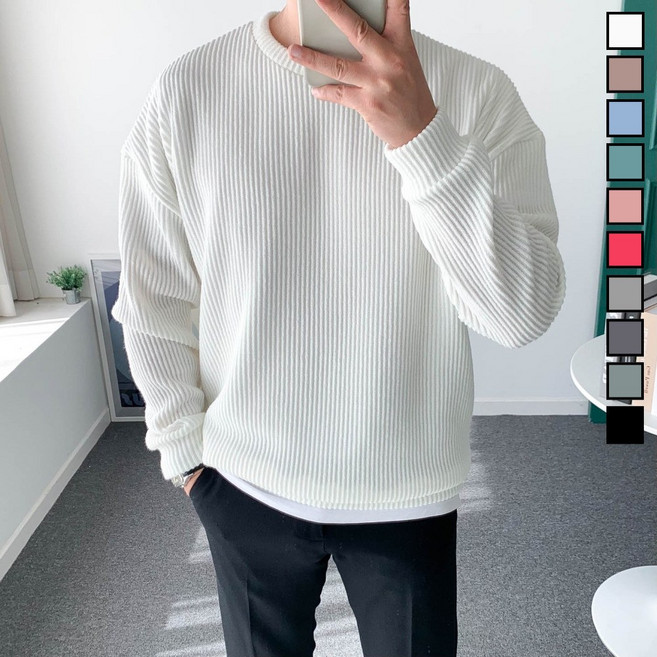 남자 봄 맨투맨 오버핏 골지 스판 니트 티셔츠