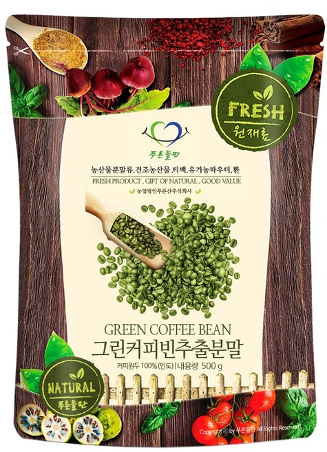 푸른들판 그린 커피빈 추출물 100% 클로로겐산 커피 생두 원두 생 콩 그린빈 추출 분말 가루 파우더, 500g, 1개, 없음, 없음 - 쿠팡
